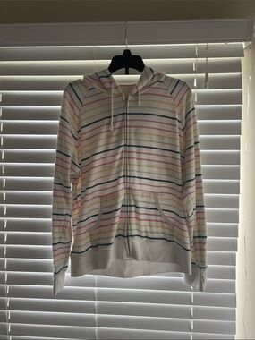 Uniqlo Vintage White Zip-Up Hoodie Sweater with Multicolor Pastel Stripes Size L